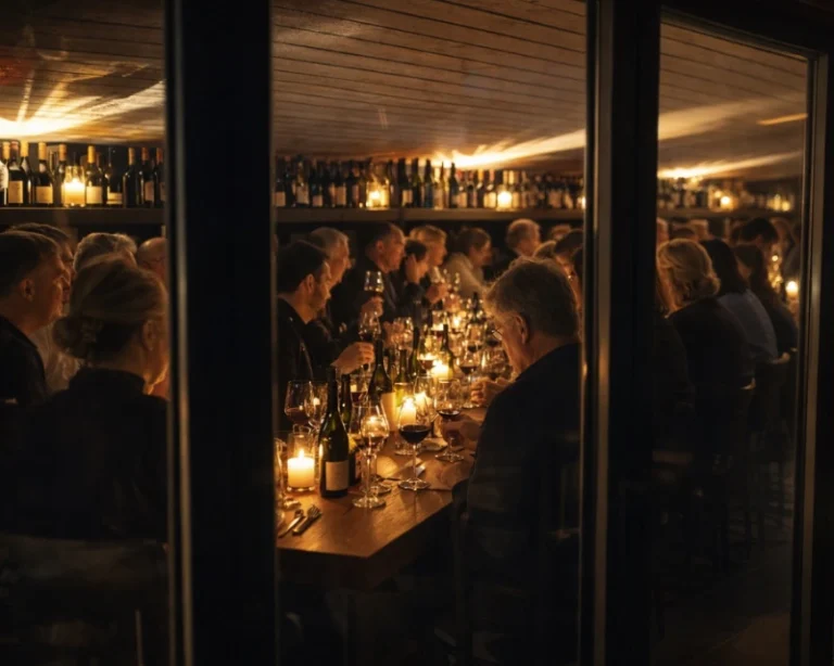 Stemningsfuld vinsmagning med mange gæster omkring et langt bord, omgivet af vinflasker, glas og levende lys.